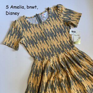 Small Lularoe Amelia Dress, Disney, yellow and grey castles